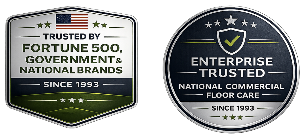 TCS Floors trust badges highlighting experience serving Fortune 500 companies, government organizations, national brands, and enterprise facilities since 1993.