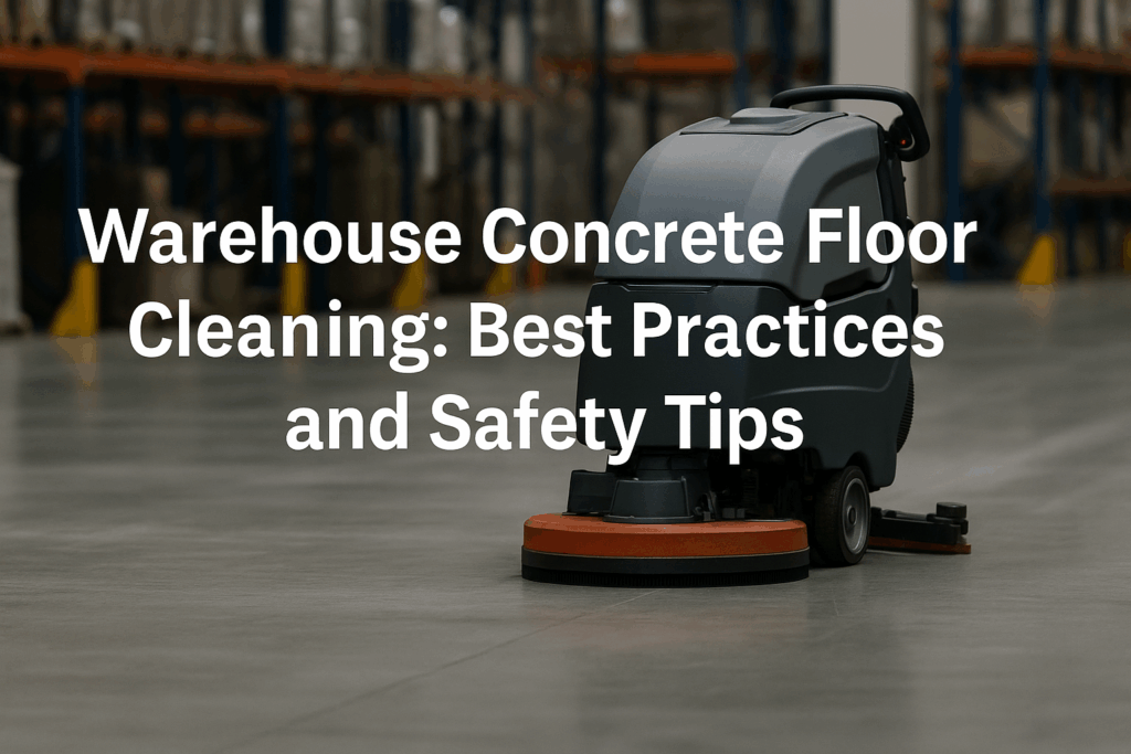 Industrial floor scrubber cleaning a polished concrete warehouse floor with storage racks in the background, representing warehouse concrete floor cleaning best practices.