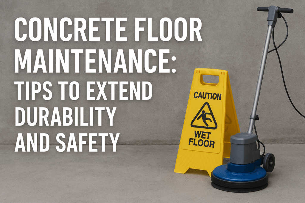Concrete floor maintenance cover image with bold white heading text, a yellow caution wet floor sign, and a floor cleaning machine on a smooth gray concrete surface.
