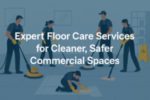 Team of professional cleaners in uniforms polishing and waxing a large commercial floor with machines and tools, promoting expert floor care services for cleaner, safer business spaces.