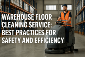 A warehouse worker in an orange safety vest operates an industrial floor scrubber, with tall shelving and stacked pallets in the background. Large white text overlay reads: “Warehouse Floor Cleaning Service: Best Practices for Safety and Efficiency.”
