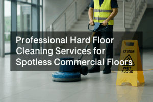 A professional cleaner in a yellow safety vest operates a floor buffer machine on a polished commercial floor, with a caution wet floor sign nearby and a modern staircase in the background.