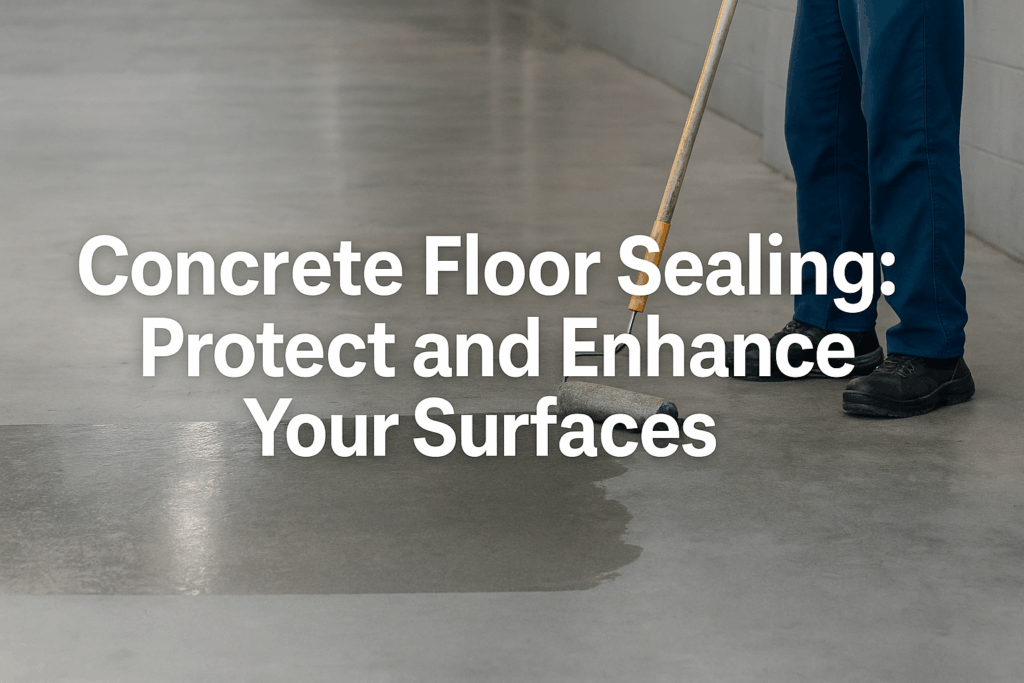 Concrete floor sealing in progress with roller showing glossy sealed surface for durable, attractive industrial and commercial floors.