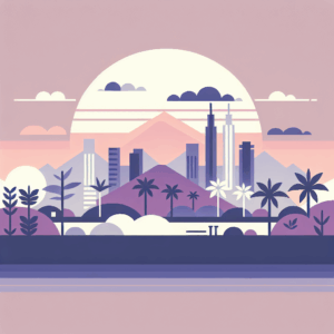 Stylized sunset cityscape with modern skyscrapers, mountains in the background, and palm trees in the foreground in soft pastel colors.