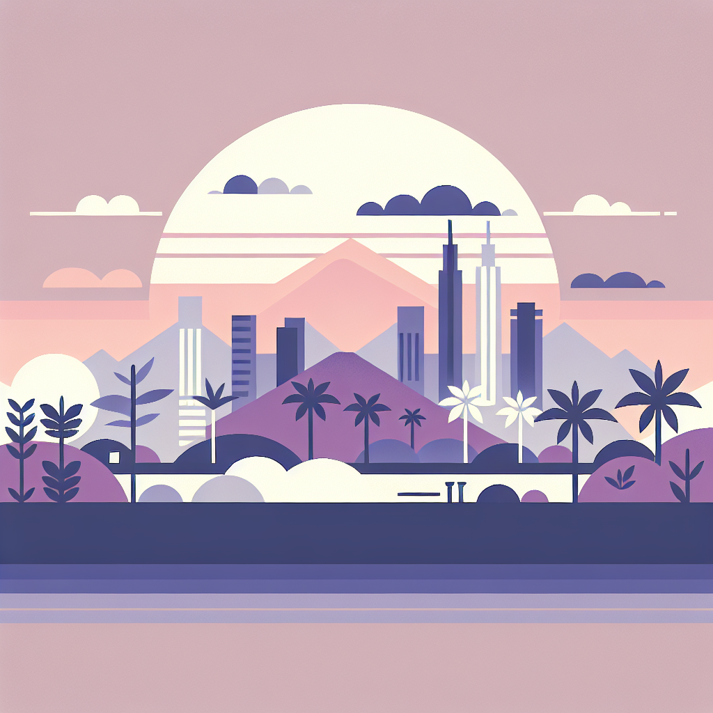 Stylized sunset cityscape with modern skyscrapers, mountains in the background, and palm trees in the foreground in soft pastel colors.