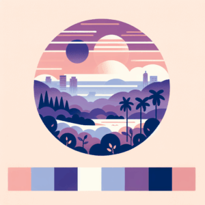 Illustrated circular landscape showing a sunset over a stylized city and nature scene with palm trees, rolling hills, and distant buildings in shades of purple, pink, and blue, with a matching color palette bar beneath the image.