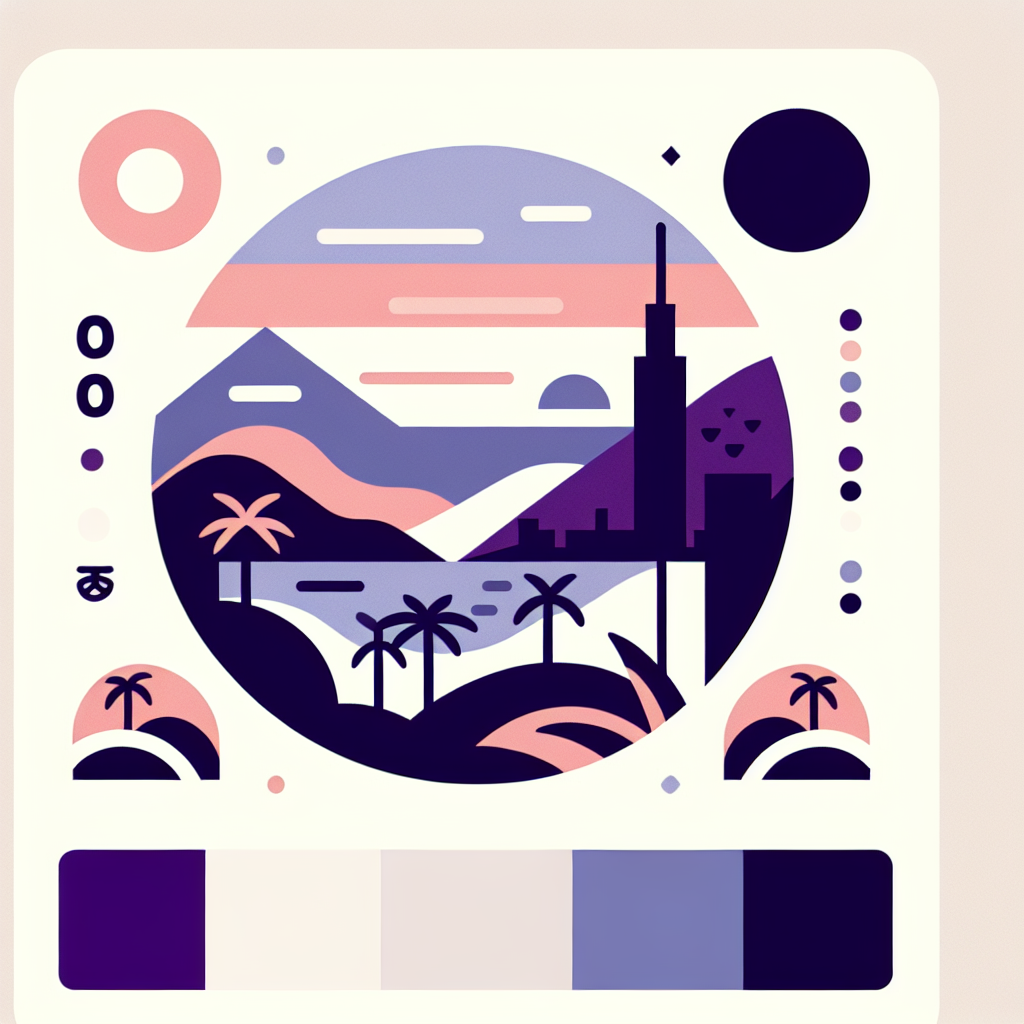 Geometric illustration of a tropical cityscape with palm trees, mountains, and a tall building at sunrise or sunset, shown in soft pastel shades of pink, purple, and blue with a matching color palette bar beneath the image.