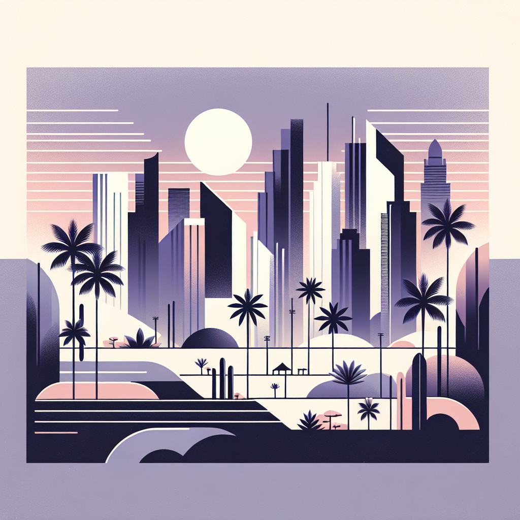 Colorful illustration of a modern city skyline by the water at sunrise or sunset, with tall buildings, palm trees, a bridge, and soft pink and purple clouds in the sky.