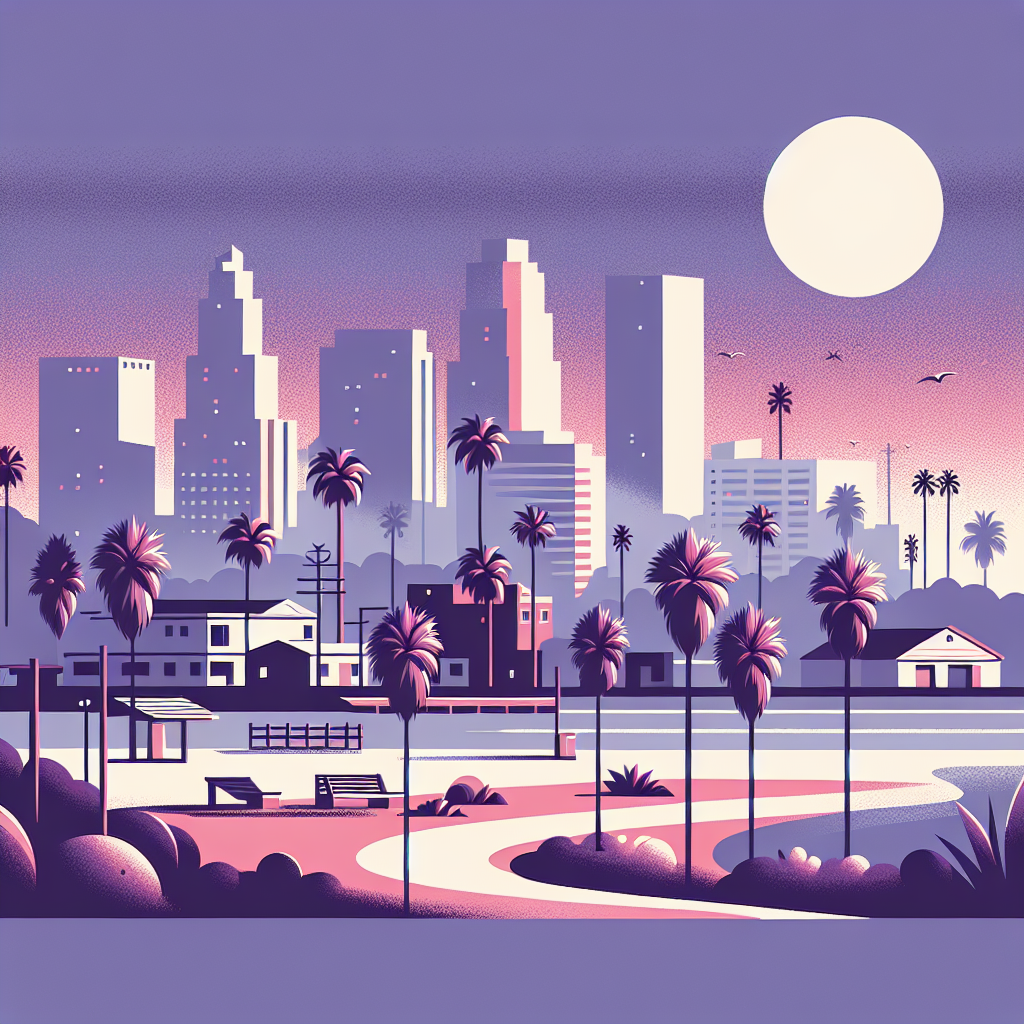 Stylized illustration of a coastal cityscape at sunset with palm trees, low buildings, and tall skyscrapers in the background under a large full moon, featuring soft shades of purple, pink, and beige.