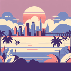 Illustration of a coastal city skyline at sunset with palm trees in the foreground, a large sun behind clouds, and calm water reflecting pink, blue, and orange tones.