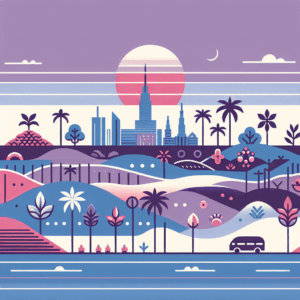 An illustration of a city in pastel shades.