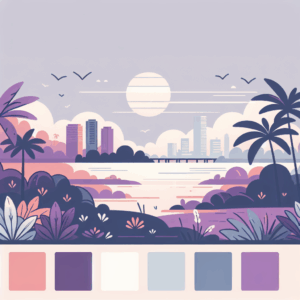 Illustrated coastal city skyline at sunrise with palm trees, colorful foliage, calm water, and a pastel color palette displayed below the scene.