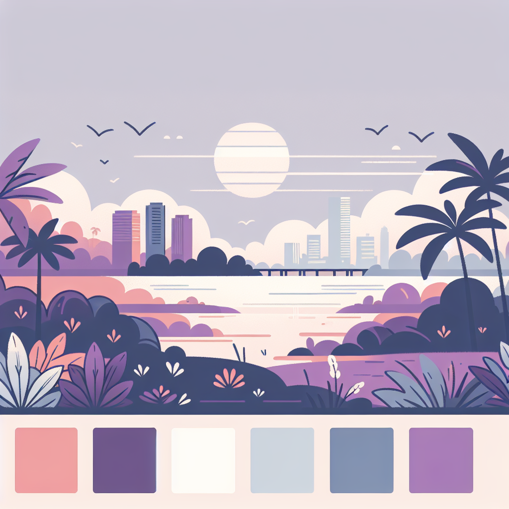 Illustrated coastal city skyline at sunrise with palm trees, colorful foliage, calm water, and a pastel color palette displayed below the scene.