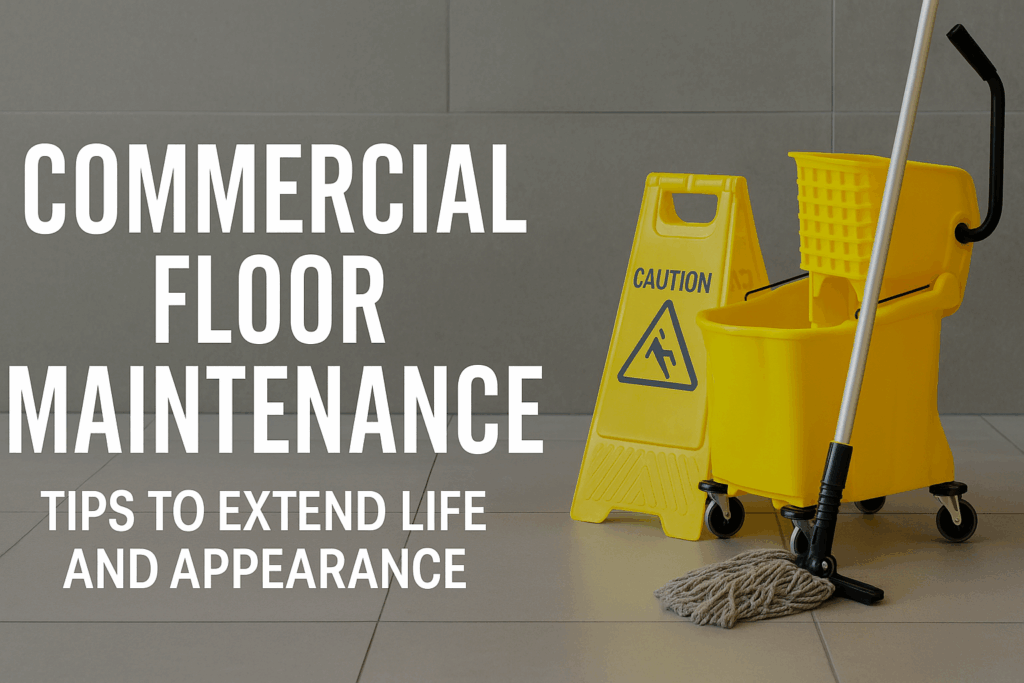 Commercial floor maintenance cover image showing a clean tiled floor with a yellow mop bucket and caution sign, highlighting tips to extend floor life and appearance.