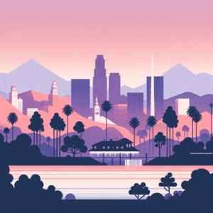 Stylized illustration of a city skyline with tall buildings, palm trees, and surrounding mountains reflected in a calm body of water, using soft pink, purple, and peach tones.