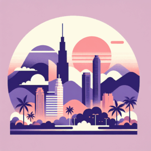 Palm trees in the foreground with downtown skyline in the background.