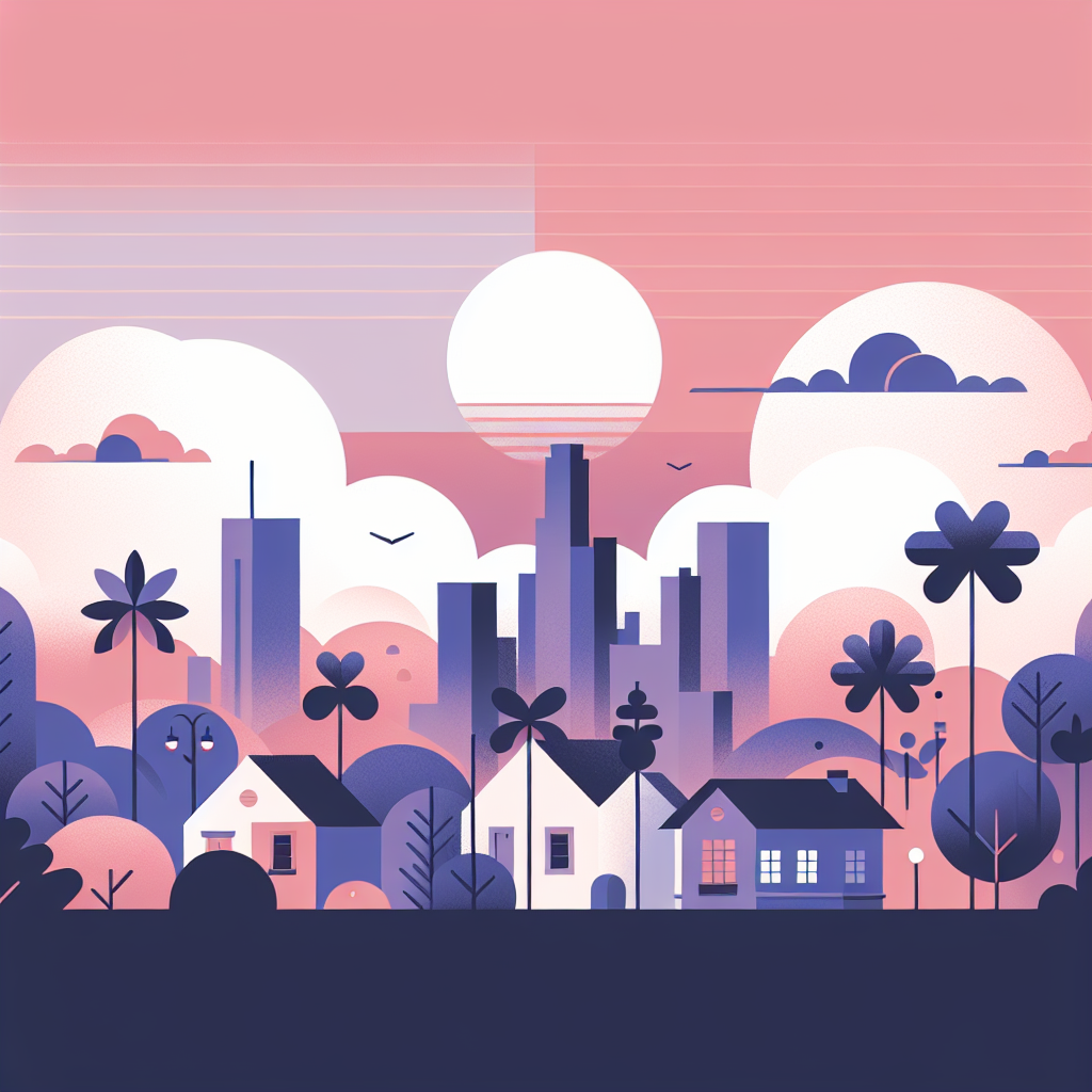 Illustrated cityscape at sunset with modern skyscrapers in the background and small houses, trees and palm trees in the foreground in soft pastel colours.