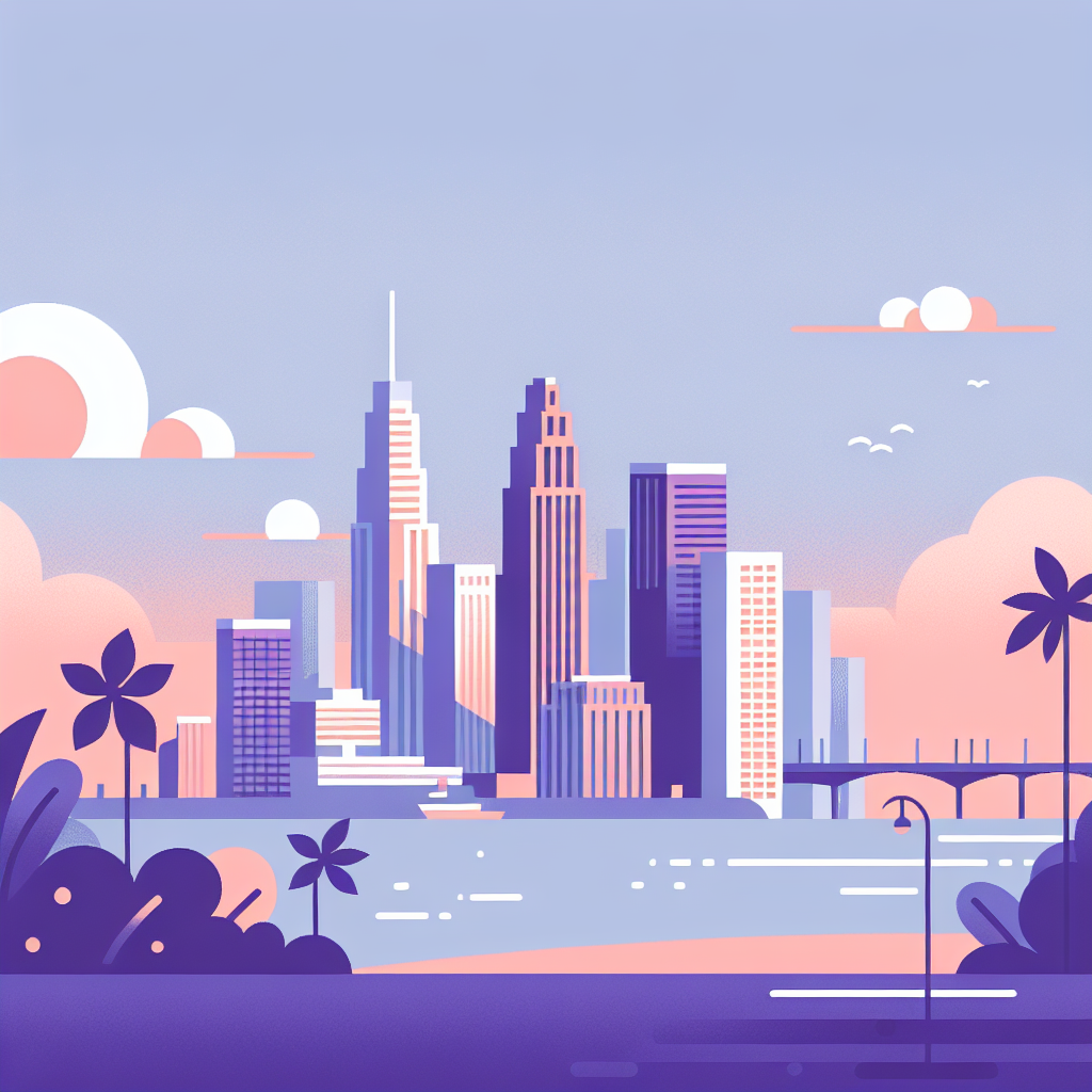 Colorful illustration of a modern city skyline by the water at sunrise or sunset, with tall buildings, palm trees, a bridge, and soft pink and purple clouds in the sky.