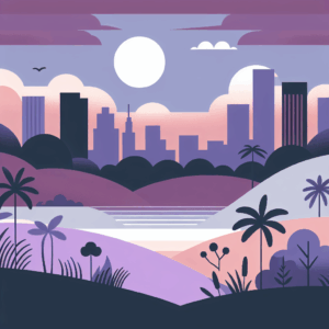 Illustration of a modern city skyline at dusk with a large glowing sun, rolling hills, palm trees, and calm water in the foreground, all in soft purple, pink, and blue shades.