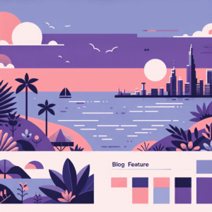 Minimalist illustration of a coastal city skyline at sunset with a sailboat on the ocean, palm trees in the foreground, and a large sun in soft pink and purple tones.