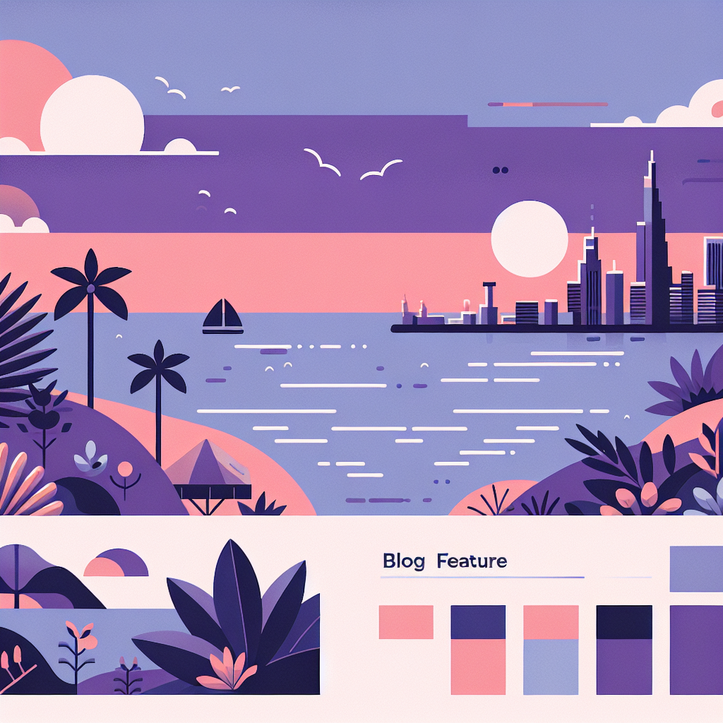 Minimalist illustration of a coastal city skyline at sunset with a sailboat on the ocean, palm trees in the foreground, and a large sun in soft pink and purple tones.