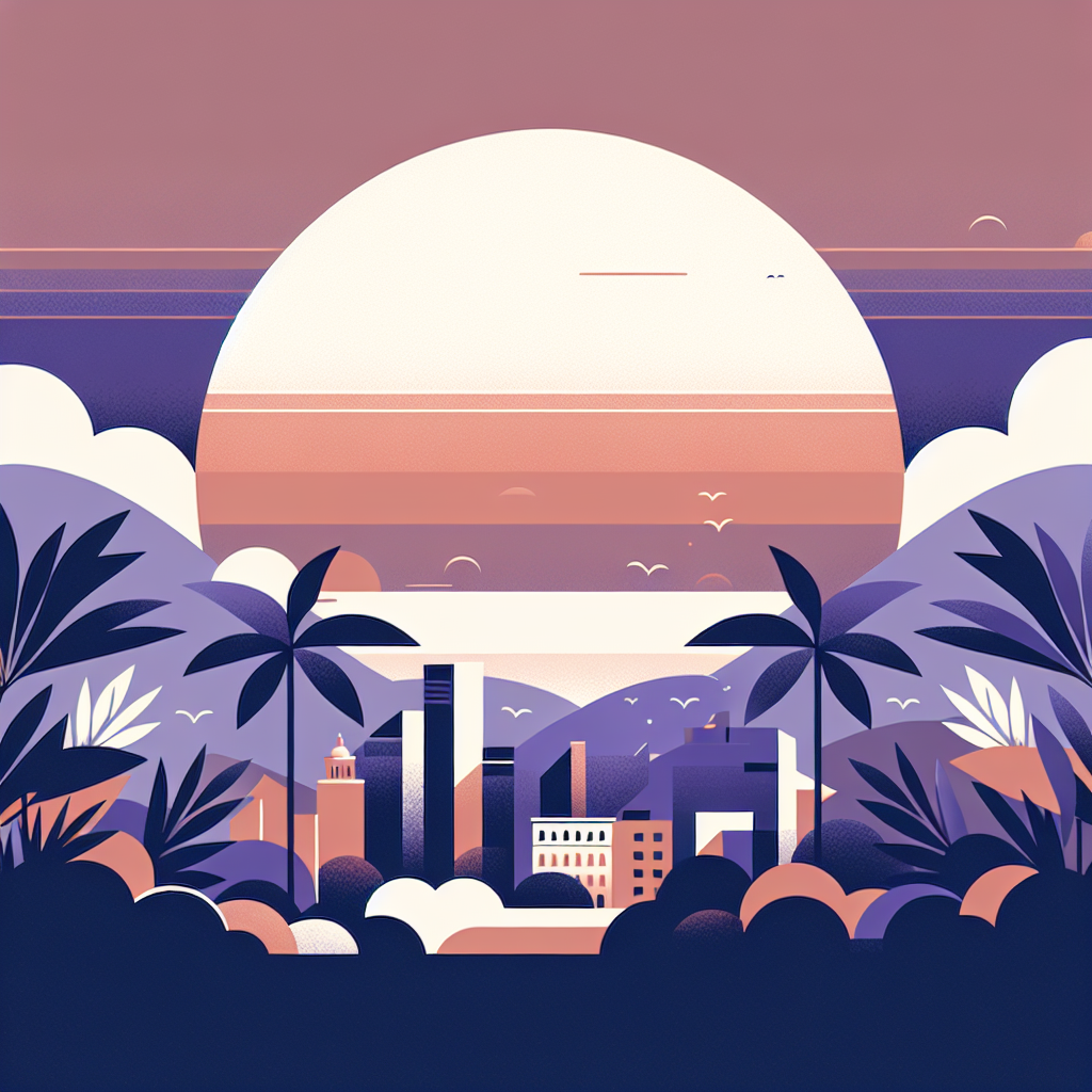 Stylized illustration of a city skyline surrounded by palm trees and hills under a large setting sun, with soft tones of purple, peach, and cream creating a warm sunset atmosphere.