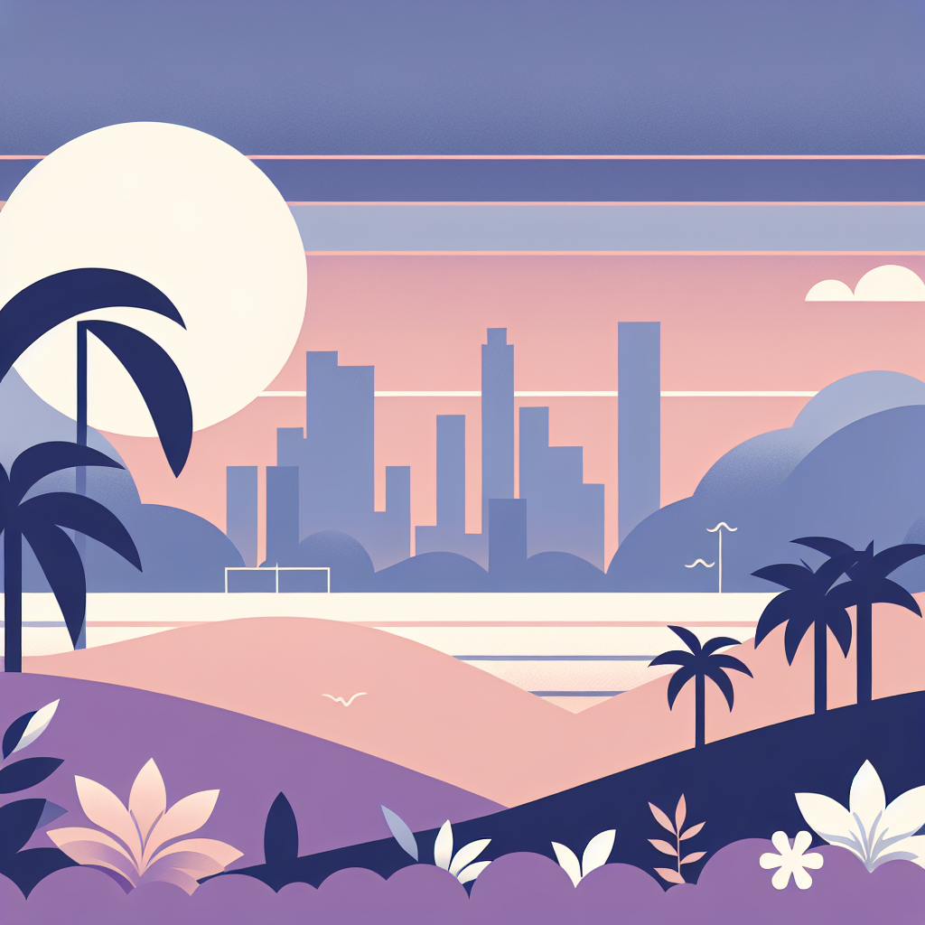 Stylized illustration of a modern city skyline at sunset with tall towers, pagodas, palm trees, and lush vegetation in the foreground, depicted in soft purple, pink, and white hues.