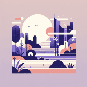 Illustration of a serene landscape with a large sun, stylized trees, palm trees, buildings, and a river flowing through the scene, all in soft purple, pink, and beige tones.