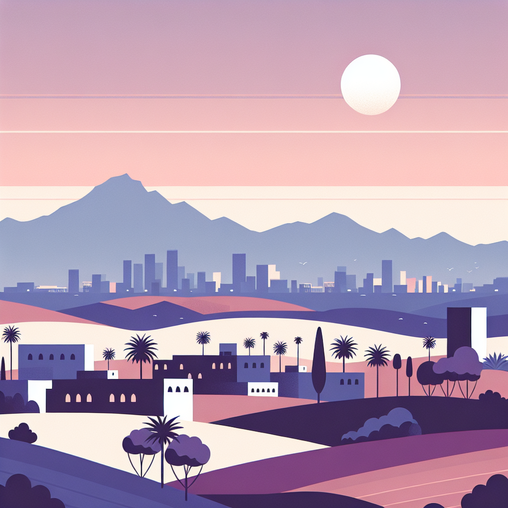 Stylised landscape illustration of hills, palm trees and buildings with a distant modern city skyline and mountains at sunset.
