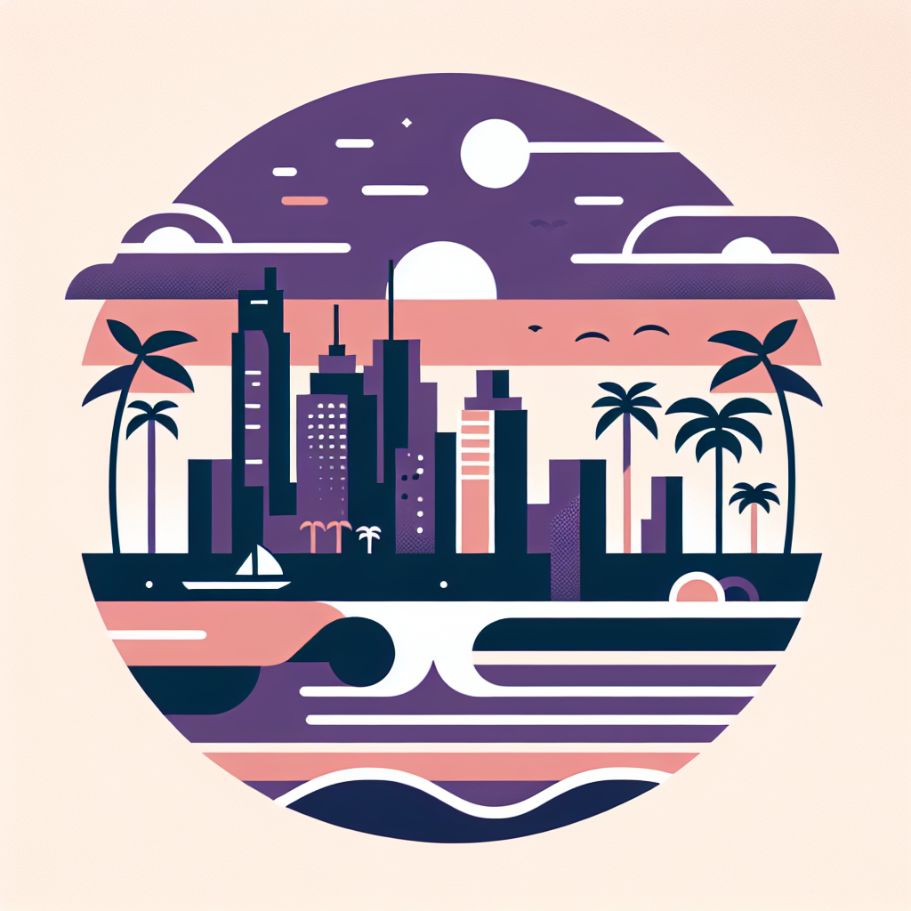 Modern city skyline with tall buildings, palm trees, a sailboat, and ocean waves at sunset in a circular geometric illustration.