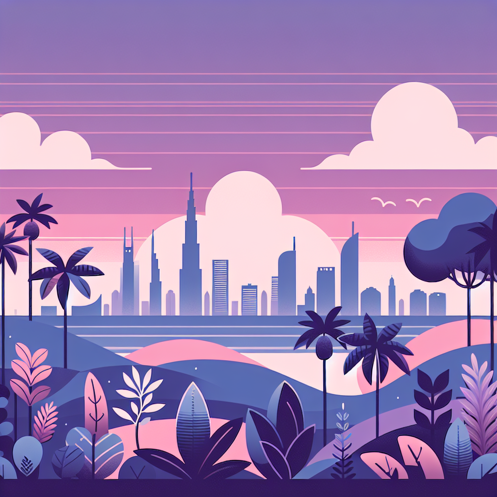 Cityscape view with sunset in background.