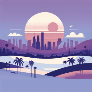 Illustration of a city skyline at sunset with palm trees and rolling hills in the foreground, featuring a large sun casting warm light over modern buildings in purple and pink tones.