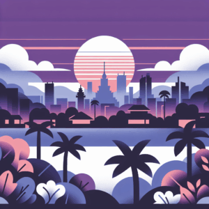 Stylized illustration of a modern city skyline at sunset with tall towers, pagodas, palm trees, and lush vegetation in the foreground, depicted in soft purple, pink, and white hues.