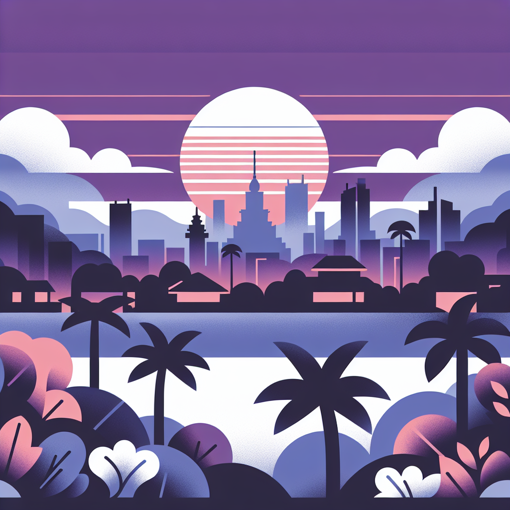 Stylized illustration of a modern city skyline at sunset with tall towers, pagodas, palm trees, and lush vegetation in the foreground, depicted in soft purple, pink, and white hues.