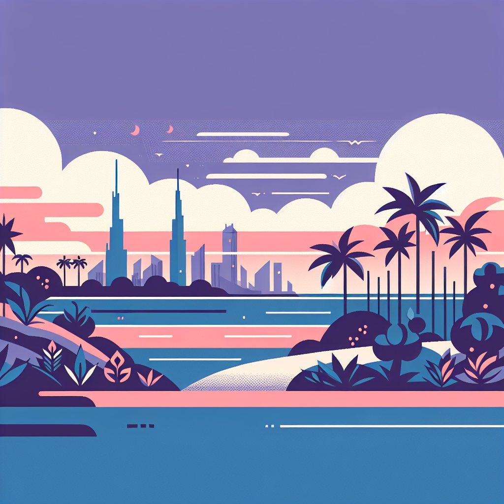 Illustration of a coastal city skyline at sunset with palm trees, tropical plants, and calm water in the foreground, featuring soft blue, pink, and purple tones under a cloudy sky.