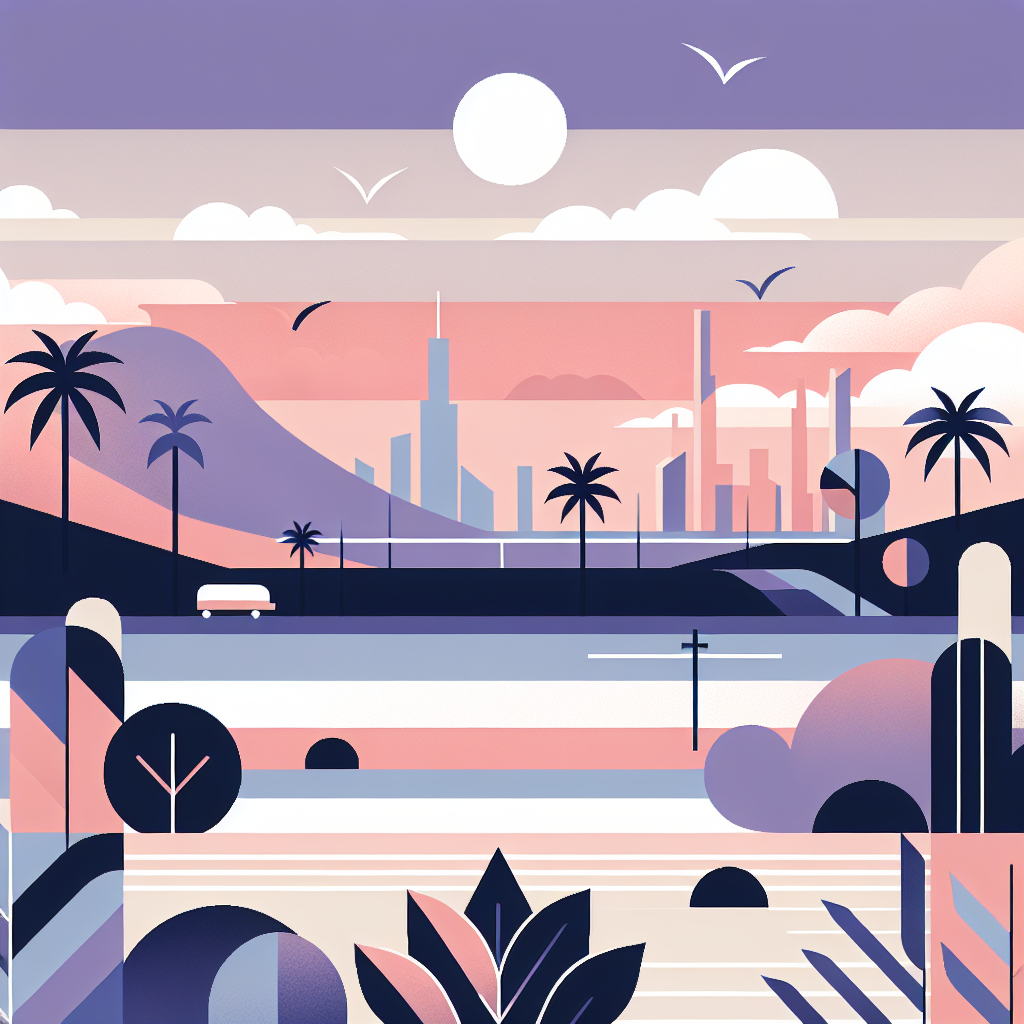 Colorful geometric landscape with palm trees, distant city skyline, hills, and a bus driving on a road under a bright sun and birds in the sky.