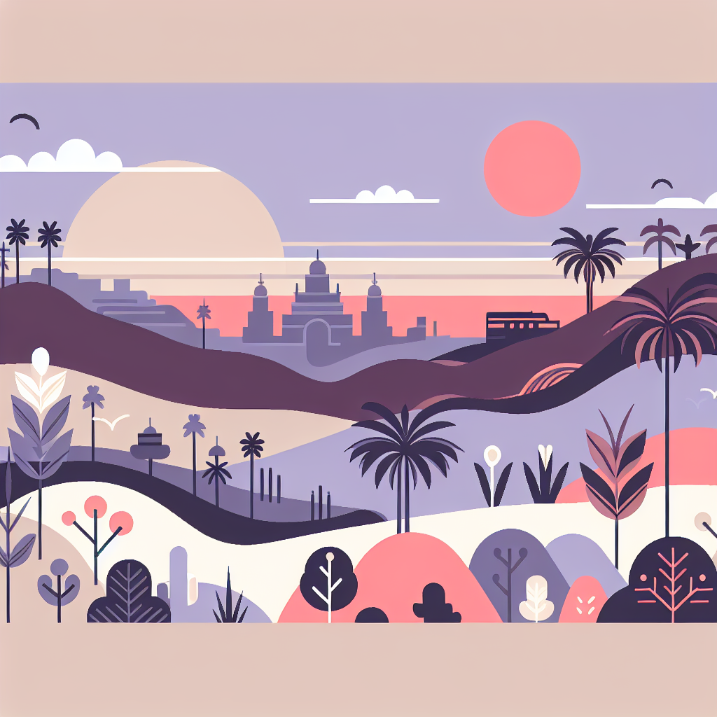 Colourful illustration of rolling hills with trees and palm trees leading to a distant city skyline beneath a pastel sunrise sky.