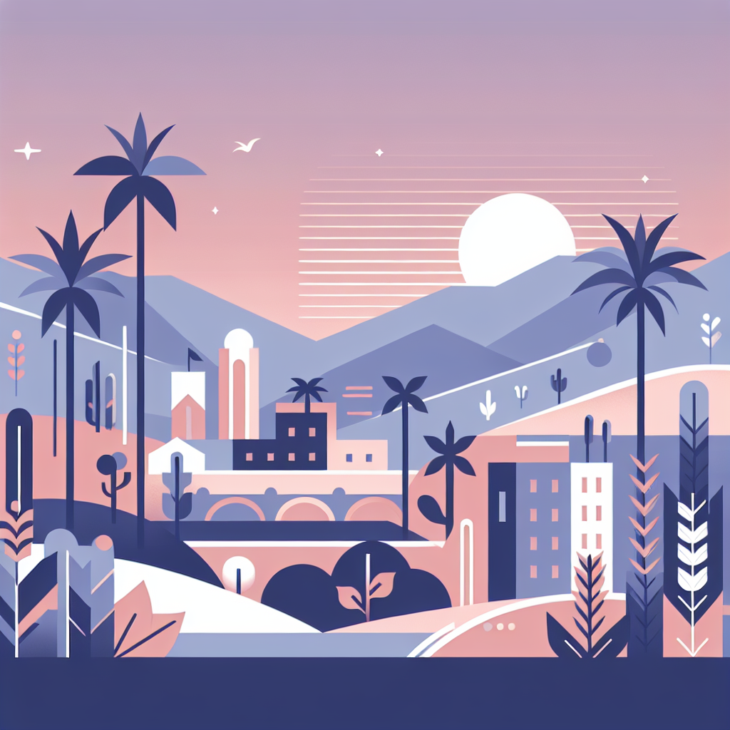 Cityscape view with sunset in background.