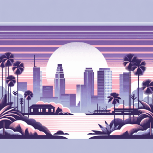 Stylized illustration of a city skyline with tall buildings and palm trees at sunset, featuring a large glowing sun over calm water in shades of pink, purple, and lavender.