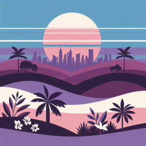 Illustration of a city skyline at sunset with rolling hills, palm trees, and tropical plants in the foreground, featuring soft pink, purple, and blue tones for a calm and modern atmosphere.