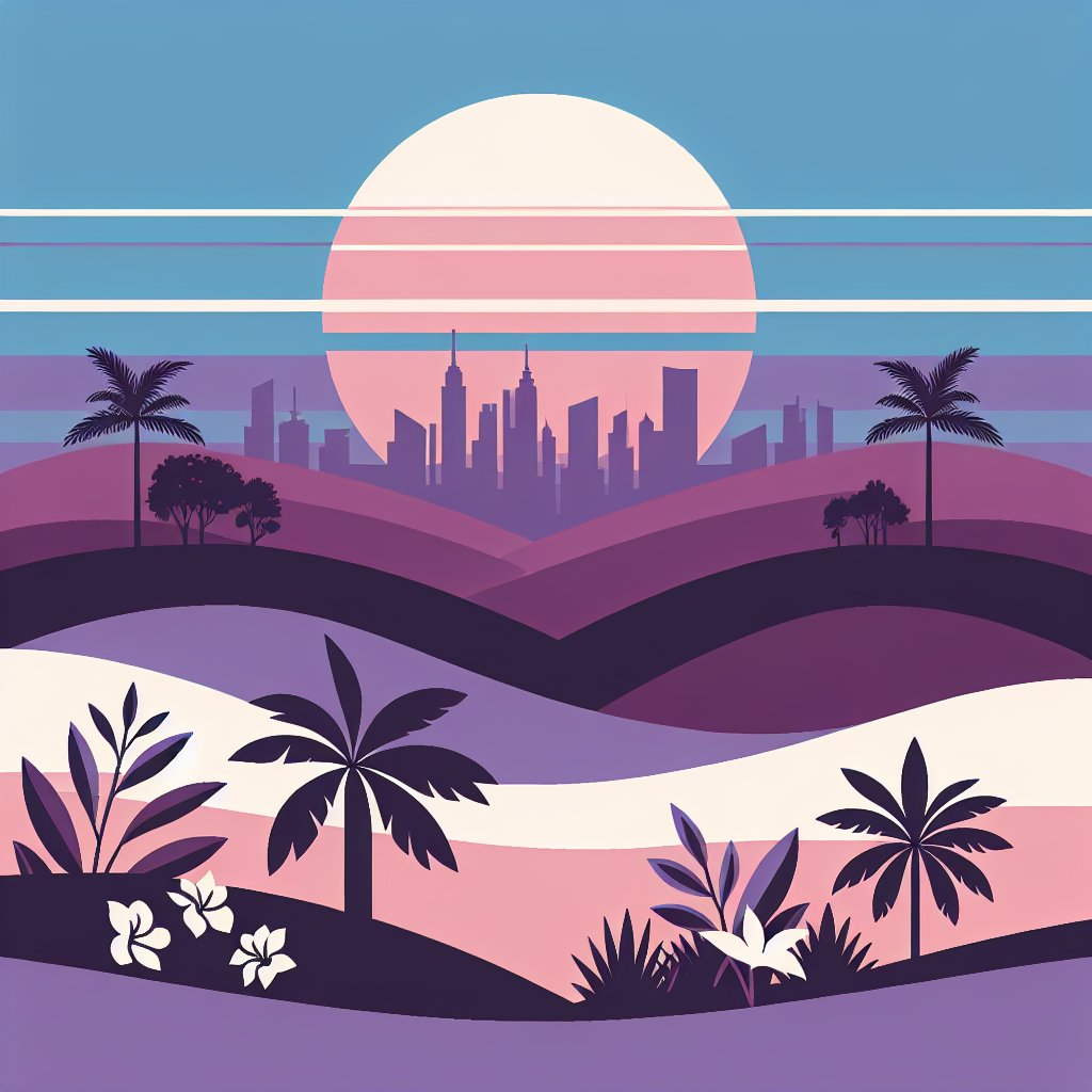 Illustration of a city skyline at sunset with rolling hills, palm trees, and tropical plants in the foreground, featuring soft pink, purple, and blue tones for a calm and modern atmosphere.