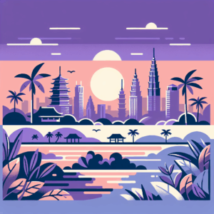Stylized illustration of a cityscape at sunset with modern skyscrapers, traditional pagodas, palm trees, and a reflective body of water, depicted in soft shades of purple, pink, and cream.
