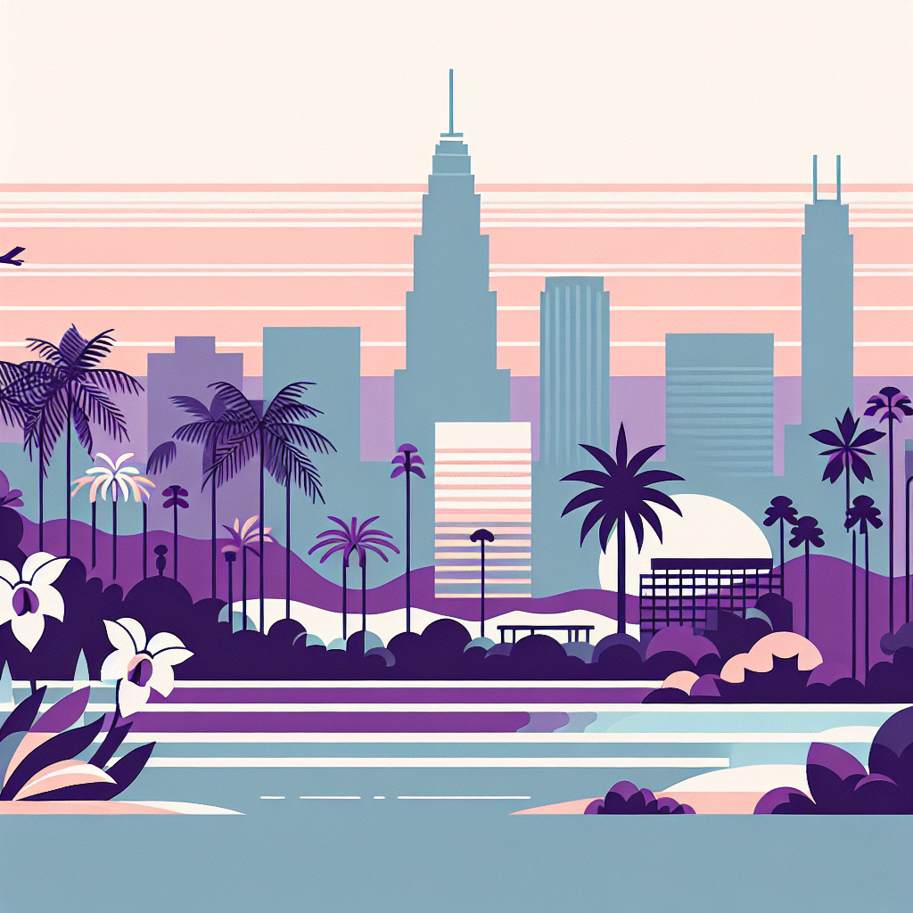Illustrated city skyline with tall buildings, palm trees, flowers, and a lake in the foreground at sunset in pastel colors.