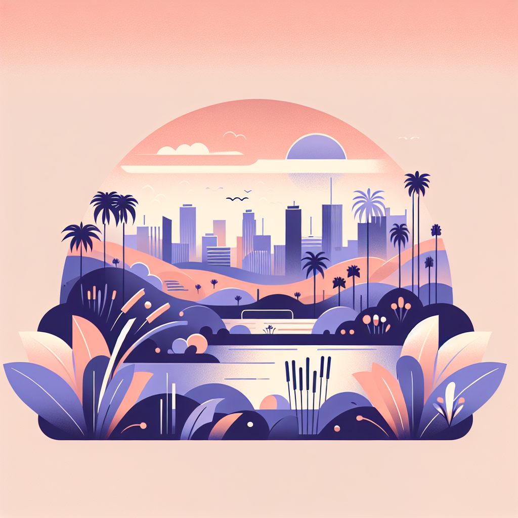 This image shows a stylised landscape illustration with a city skyline in the background and nature in the foreground.