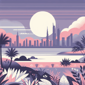 Tropical scene with city landscape in the background.