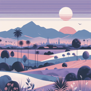 Scenic illustration of rolling fields with palm trees, bushes and mountains in the background at sunrise, with a distant town silhouette under a pastel purple and pink sky.