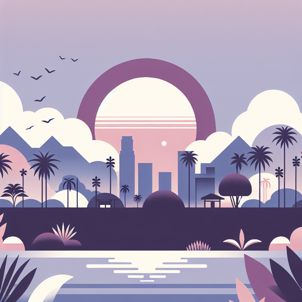 Stylized sunset cityscape with palm trees, mountains, and buildings reflected in calm water in soft pastel colors.