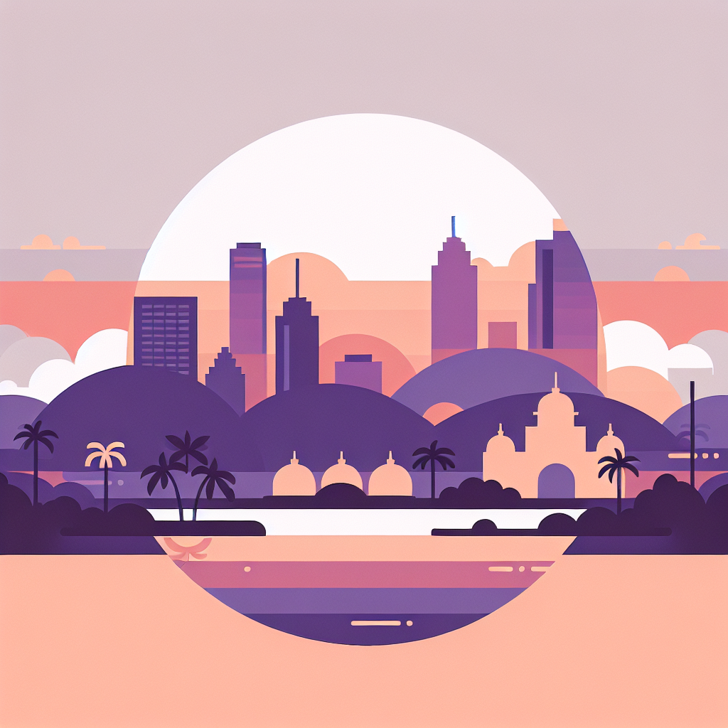 Illustrated city skyline at sunset with domed buildings, palm trees, rolling hills, and modern skyscrapers in warm pastel colors.