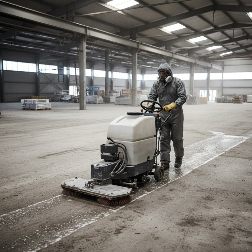 A Man Doing Concrete Floor Scrubbing in a Warehouse