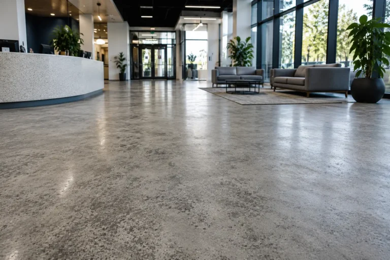 commercial concrete overlay flooring in modern office lobby